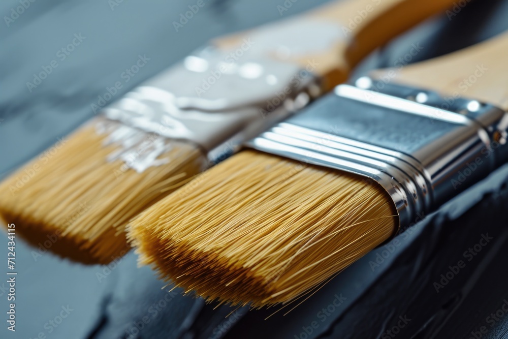 Poster two paint brushes sitting next to each other. suitable for artistic projects and creative concepts