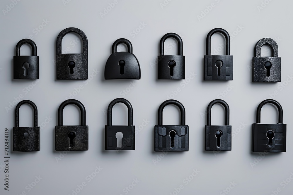 Aufkleber Several padlocks arranged on a white surface. Ideal for illustrating security, protection, or locking concepts. Can be used in various projects