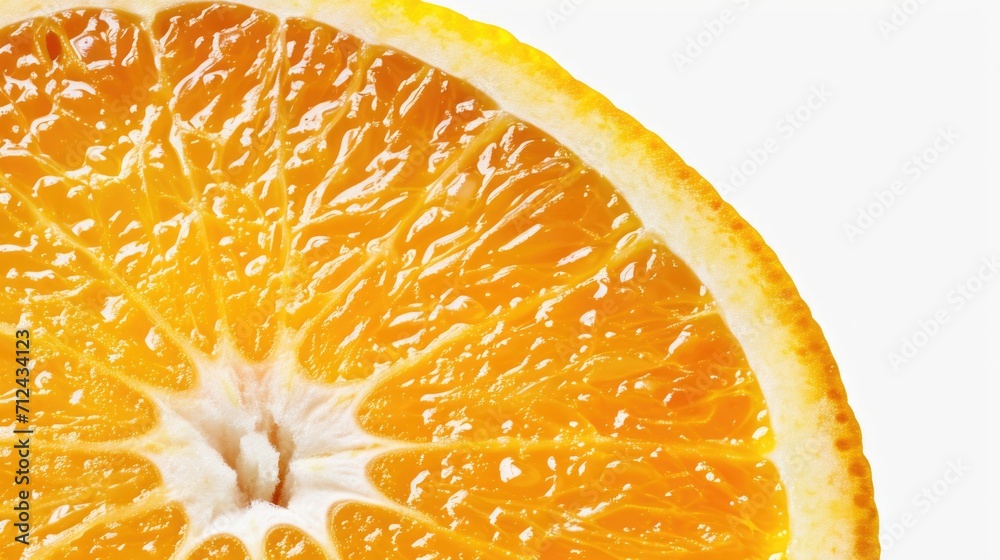 Poster half of an orange placed on a white surface. suitable for food and nutrition related concepts
