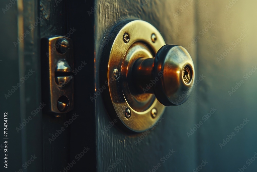 Poster a close-up view of a door handle on a wooden door. this image can be used to showcase craftsmanship,