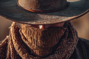 A man wearing a cowboy hat and scarf. Suitable for western-themed projects - obrazy, fototapety, plakaty