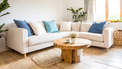 Cozy loveseat sofa near round accent coffee table. Scandinavian home interior design of modern living room in farmhouse,