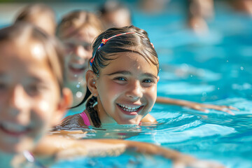 Diverse young children enjoying swimming lessons in pool, learning water safety skills, showing joy and camaraderie, representing a healthy lifestyle.