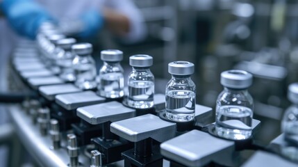 Obraz premium Bottles on a conveyor belt, ready for packaging. Suitable for manufacturing, production, or packaging concepts