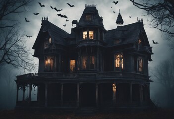 A haunted house with bats and spiders Halloween background