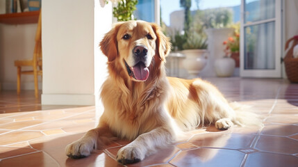 big golden retriever dog sitting in front of the door waiting for its owner very loyal , Generate AI