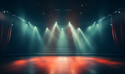 Theater stage lights background with spotlights illuminating the stage for opera performance. Stage...