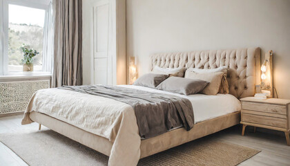 Pastel beige and grey bedding on bed. Minimalist, french country interior design of modern bedroom. - obrazy, fototapety, plakaty
