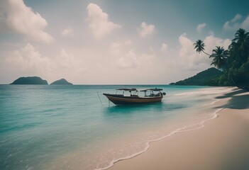 Beautiful caribbean sea and boat on the shore of exotic tropical island panoramic view from the beac