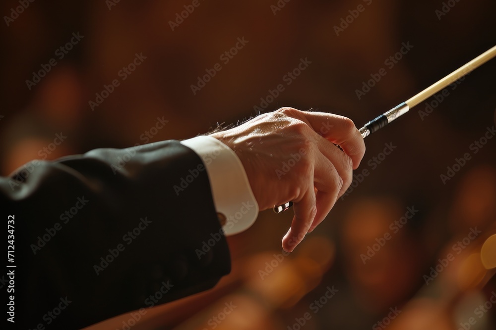 Poster a conductor stands in front of a crowd, holding a baton. this image can be used to depict a music pe