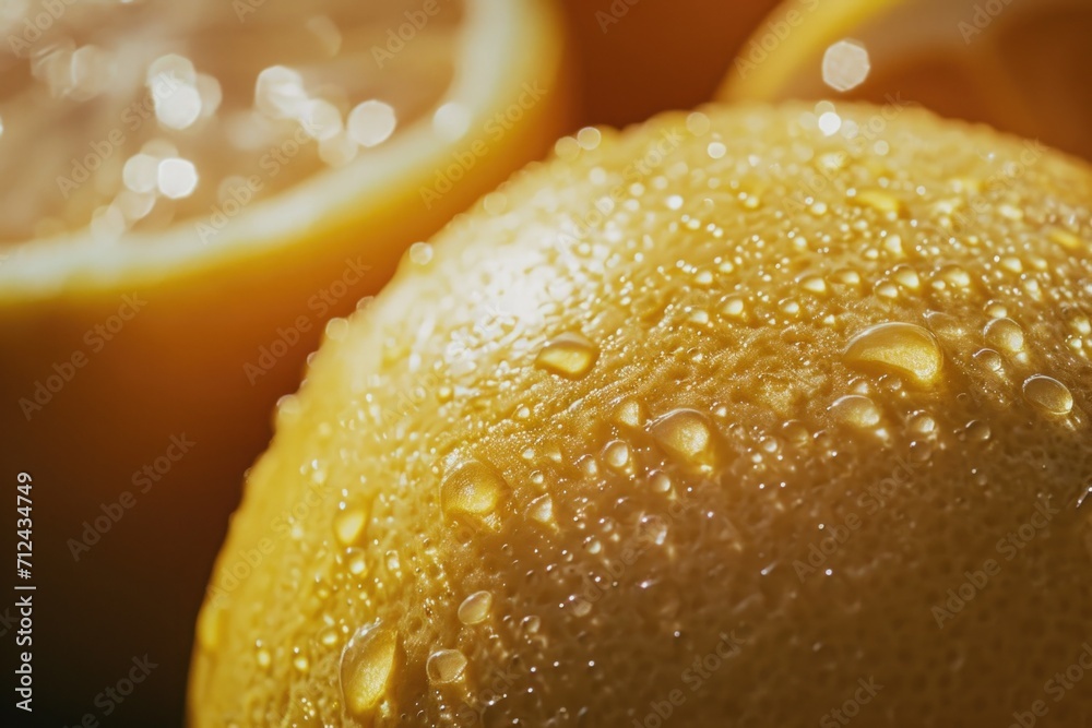 Poster A close-up view of a lemon with water droplets on its surface. This refreshing image can be used to enhance designs related to food, beverages, healthy lifestyle, and natural ingredients