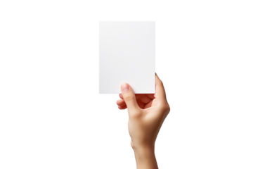 Hand holding blank paper. PNG isolated on transparent background. 