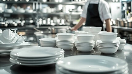 A person standing in a kitchen next to a bunch of plates. Perfect for food bloggers, cooking websites, or kitchen appliance advertisements