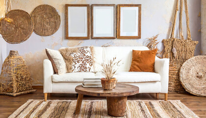 Rustic accent round coffee table near fabric sofa with many pillows against arched window. Scandinavian farmhouse style home interior design of modern living room