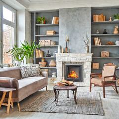 Sofa and chair in room with fireplace and book shelf. Scandinavian style home interior design of modern living room.