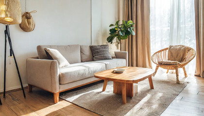 Stylish curved sofa and wooden coffee table near window dressed with beige curtains. Minimalist japandi home interior design of modern living room.