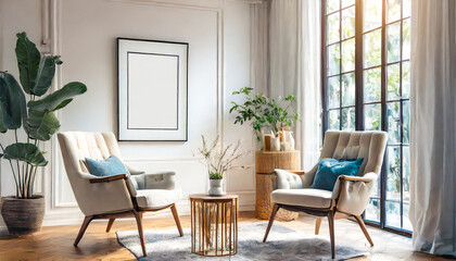 Two armchairs in room with white wall and big frame poster on it. Scandinavian style interior design of modern living room