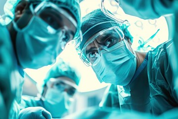 Focused and Ready A Team of Surgeons in Blue Scrubs Prepare for a Complex Procedure Under the Bright Operating Room Lights