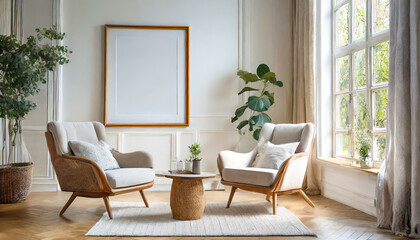 Two armchairs in room with white wall and big frame poster on it. Scandinavian style interior design of modern living room
