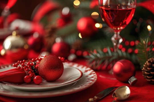 A picture of a table set for a festive occasion, featuring a red table cloth and Christmas decorations. Perfect for holiday gatherings and celebrations