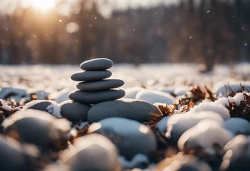 Keuken spatwand met foto Stack of pebbles or stones on winter outdoor background Winter yoga © ArtisticLens