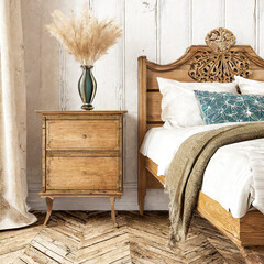 Vintage bedside nightstand near wooden bed. Farmhouse, country, provence interior design of modern bedroom.