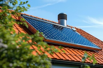 Modern Home Innovation Solar Water Heater Panel Installed on a Beautiful Orange Tiled Roof Under the Clear Blue Sky