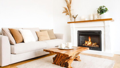 Wood slab coffee table, sofa with beige pillows near fireplace against white wall with copy space. Scandinavian home interior design of modern living room
