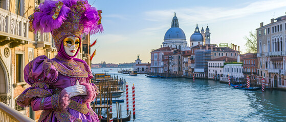 Woman in carnival costume and mask at the Venetian carnival close-up with space for text, banner for the Venice carnival with place for text