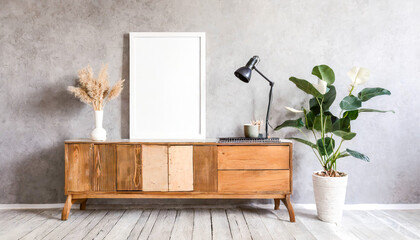 Wooden cabinet, dresser against concrete wall with empty blank mock up poster frame with copy space. Rustic home interior design of modern living room.
