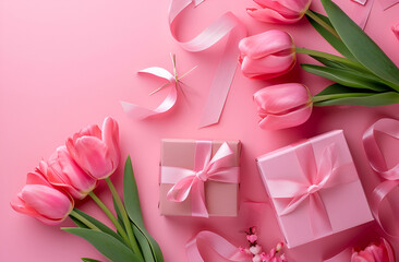 pink tulips and box on wooden background
