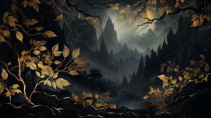 dark forest with trees with golden leaves and dark clouds - obrazy, fototapety, plakaty