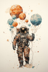 watercolor illustration of astronaut in space with ballons