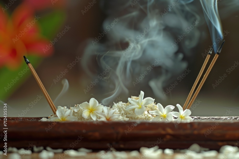 Aufkleber Incense sticks with flowers in the background. Perfect for creating a relaxing atmosphere or for use in spiritual and meditation practices