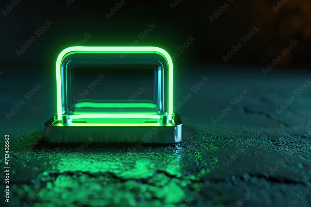 Poster A vibrant green neon light shining brightly on a smooth concrete surface. Ideal for adding a pop of color and modernity to any design or project