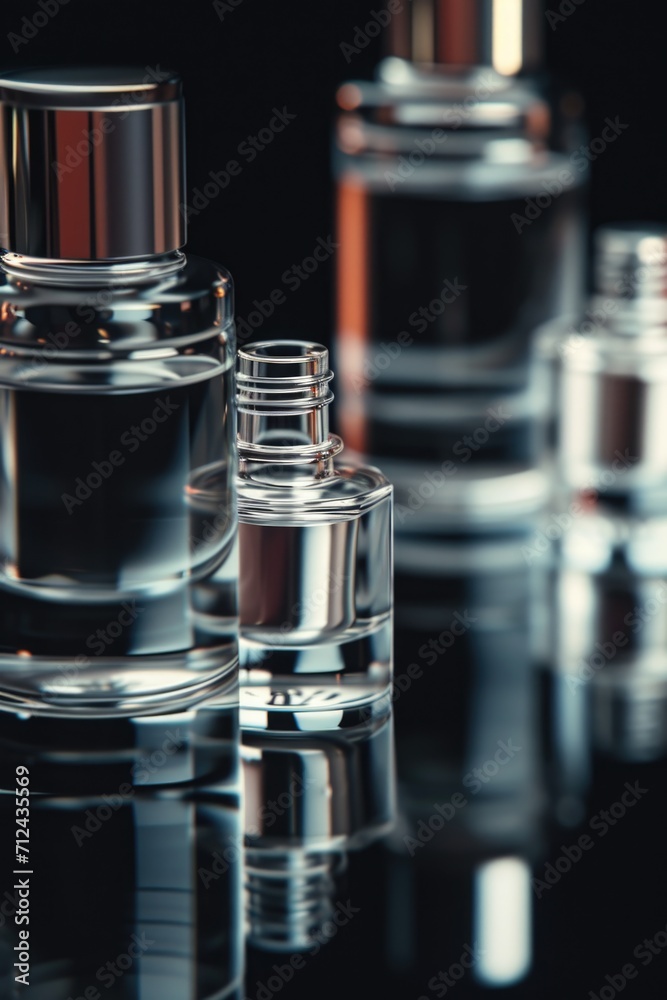 Poster Glass bottles arranged neatly on a table. Suitable for various uses