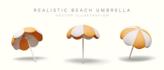 Striped beach umbrella in vertical and tilted position. Sun protection at resort. Set of cute 3D illustrations in cartoon style. Templates for beach landscape