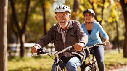 Fototapeta na wymiar Senior Couple Enjoying a Bicycle Ride in the Park.
