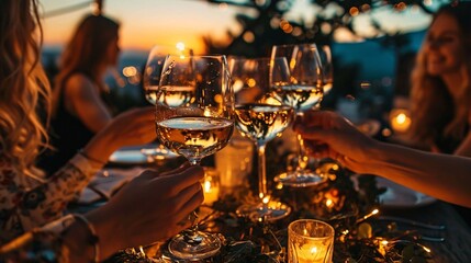 A cluster of female friends cheers with goblets of Chardonnay during a sundown. Close-up.