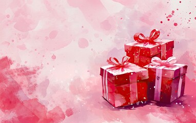 Watercolor illustration of red Valentine's Day gift boxes on a pink background