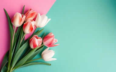 Pastel-colored spring background with a bouquet of tulips on the side, flat lay with copy space - obrazy, fototapety, plakaty