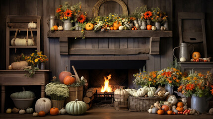 pumpkins in a fireplace