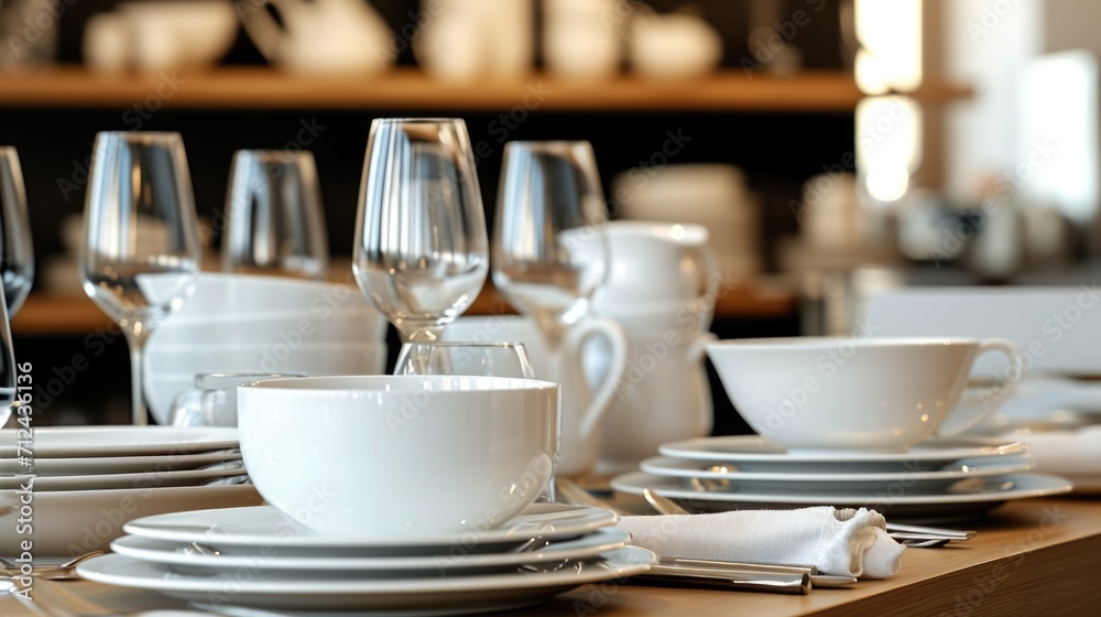 Poster a table set with white dishes and glasses. suitable for various occasions