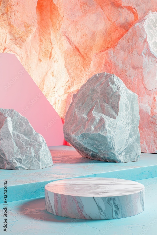 Poster a group of rocks sitting on top of a blue surface. this versatile image can be used for various purp