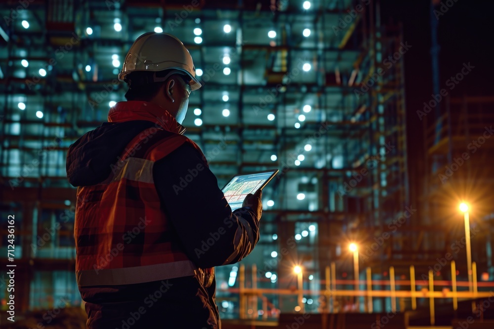 Poster A man wearing a hard hat is using a tablet computer. This image can be used to represent technology in the construction industry