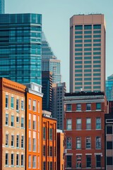 Fototapeta premium A panoramic view of a group of tall buildings in a bustling city. Perfect for urban-themed projects and cityscape illustrations