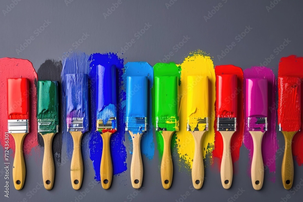 Poster a collection of paint brushes in various colors, perfect for creating vibrant and colorful artwork. 