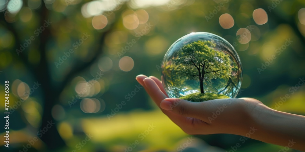 Aufkleber A person is holding a glass ball with a small tree inside. This unique and beautiful image can be used in various design projects