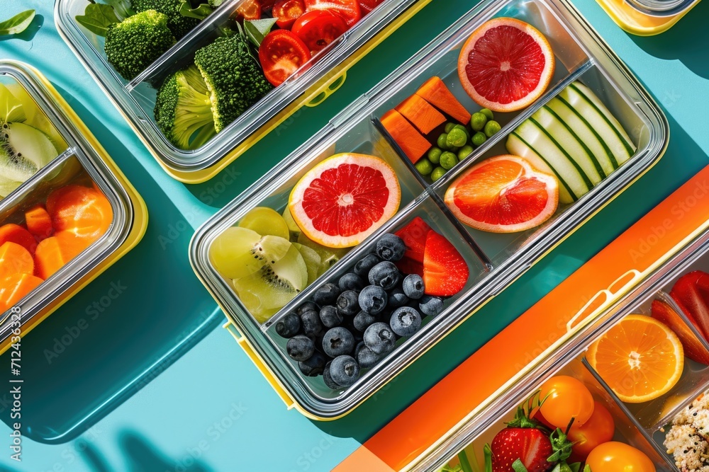 Poster a collection of various fruits and vegetables neatly arranged in plastic containers. suitable for il