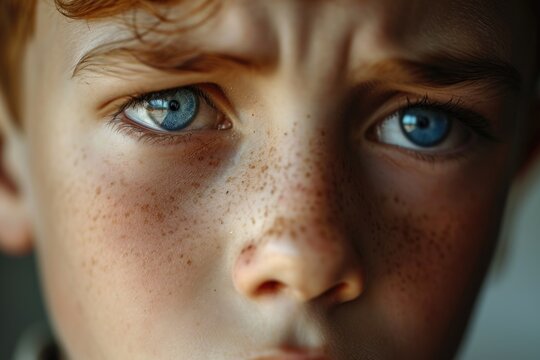 A close-up photograph showcasing the unique features of a child's face, with prominent freckles. This versatile image can be used to represent innocence, childhood, diversity, or natural beauty